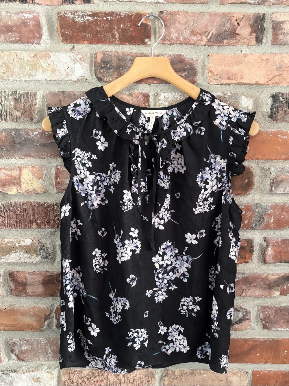 Rebecca Taylor Black Floral Silk Ruffle Sleeveless Blouse Top, 8
